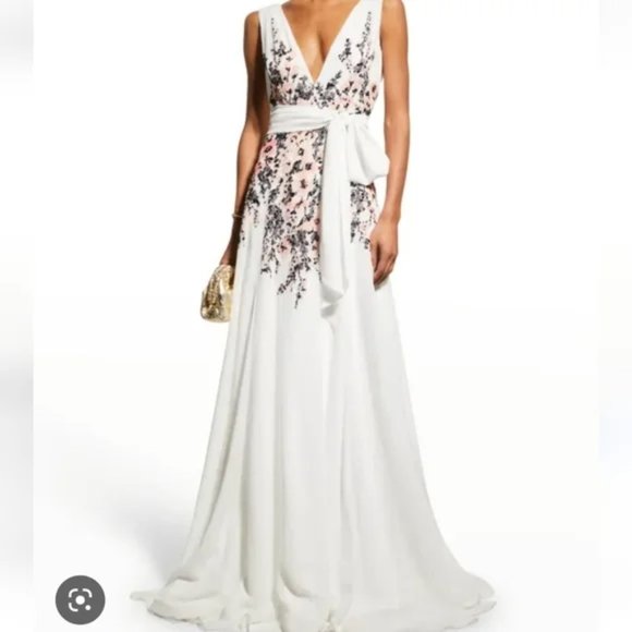 Badgley Mischka Women's White Embellished Printed Crepe De Chine Gown Size 2 - Picture 2 of 10